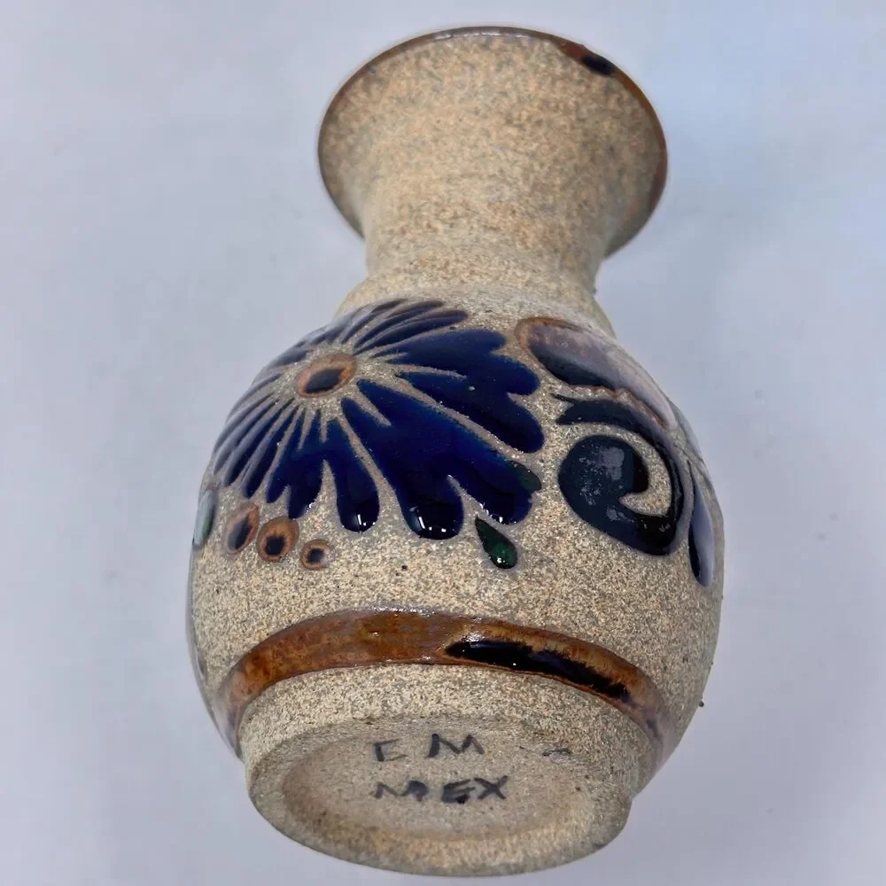 Vintage Tonala Mexican Pottery Vase Signed EM Mex Hand Painted Folk Art 4.75x3